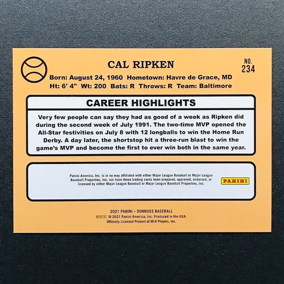 Cal Ripken - 2021 Donruss RETRO Red #234 1345/2021 - Picture 2 of 2